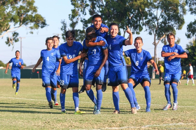 Falcon players celebrate after a goal against Pasadena City College