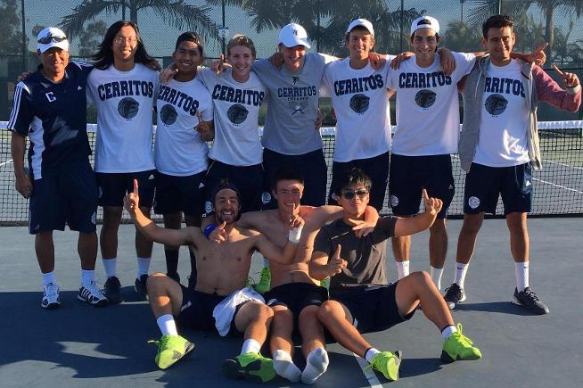 Men's Tennis team celebrates after defeating Ventura