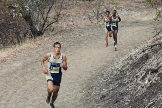Jonathan Bazinet (forefront) was the top Falcon runner, as the team won the championship at Mt. SAC.