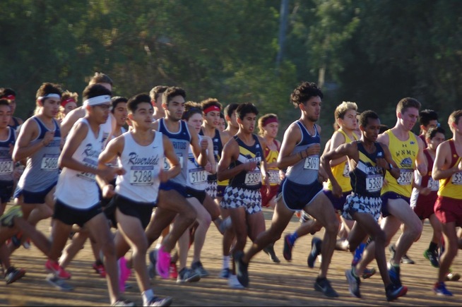 Cerritos College men's cross country at the start of the Highlander Invitational