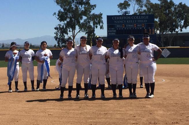 The Cerritos softball team honored their sophomores before the game against Santiago Canyon