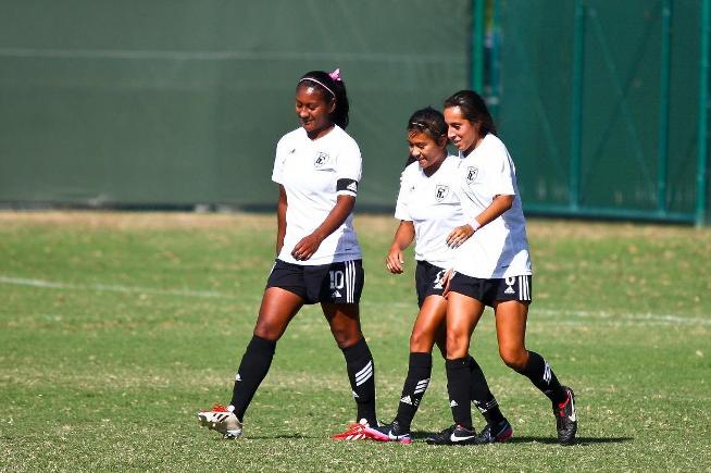 (L-R) Claudia Lopez, Caro Ornelas and Nayeli Requejo combined for six goals and four assists in the team's win over ECC Compton Center