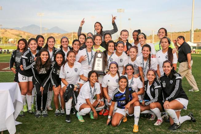 Cerritos women's soccer team celebrates after winning the CCCAA State Championship