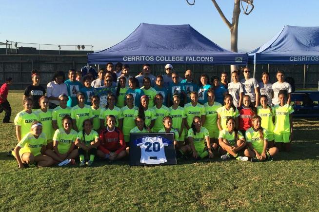 The Cerritos women's soccer team gathers after their game in honor of Jasmine Cornejo