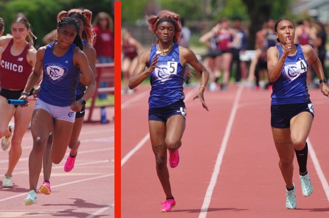 (L-R) Jazzmine Davis (4x100), Rionna Wallace and Aryianna Faircloth (100m) helped the Falcons come in second place at the Stanislaus State Invitational