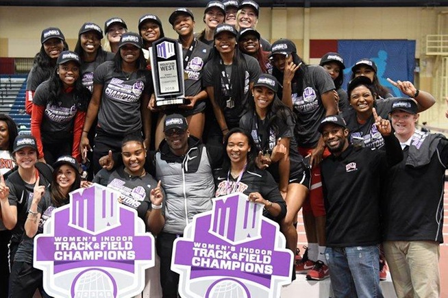 Najia and Nylia Hudspeth (upper left) help lead UNLV to the Mountain West indoor track title