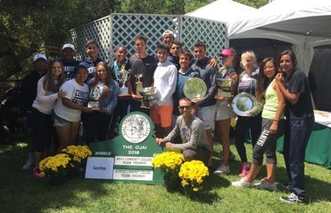 Cerritos men's and women's tennis celebrate their state championship titles