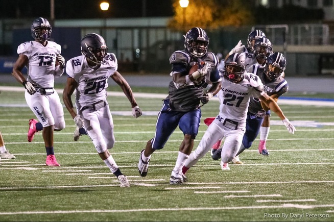 Rhamondre Stevenson breaks away for his 68-yard TD run against SD Mesa. He finished with 270 yards on the night.