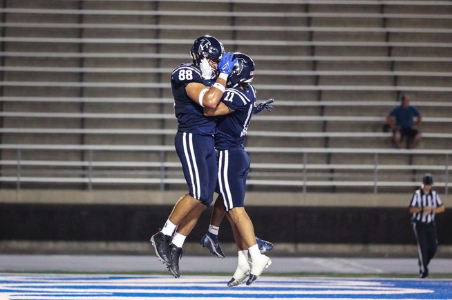 Jacob Leija (88) celebrates his game-winning touchdown with Jaceon Doss (11)