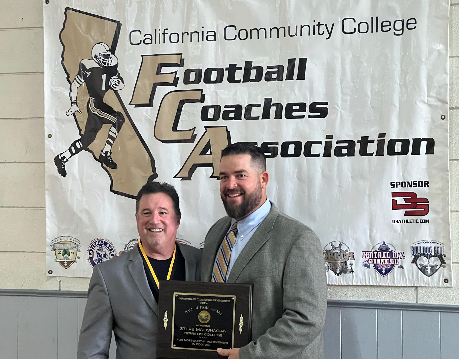 Steve Mooshagian (left) accepts his CCCFCA Hall of Fame Award from CCCFCA President Jon Osterhout of American River College