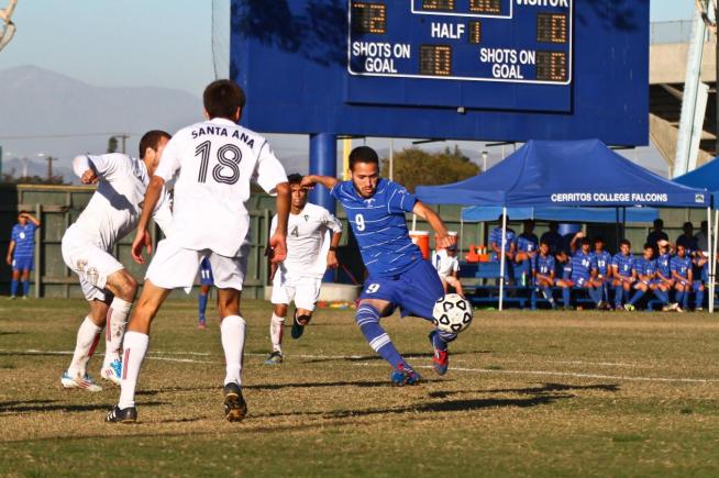 Nic Escalante (9) lines up his second of three goals to lead the Falcons to a 4-0 playoff win over Santa Ana.