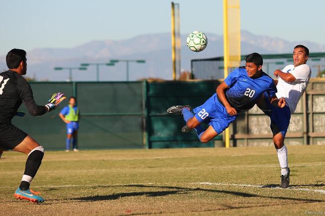 Christian Hernandez scores the Falcons first goal in a 2-1 playoff win over Santiago Canyon