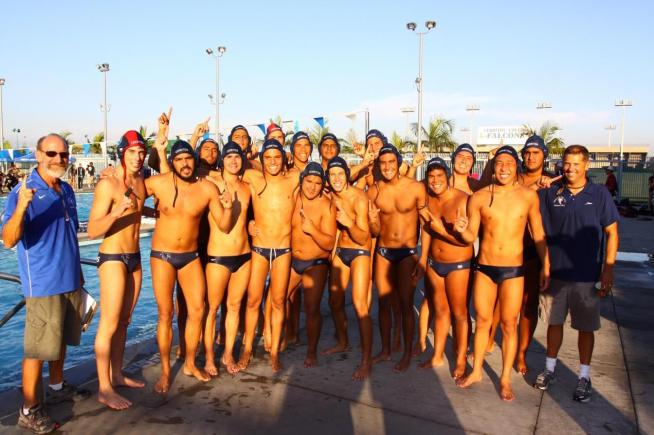 The Cerritos College men's water polo team celebrates after winning the SCC Championship.