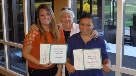 Kayla Klein (L) and Lily Cornejo (R) pose with Nancy Kelly after receiving the Nancy Kelly Academic Scholarship at the Foundation Golf Tournament