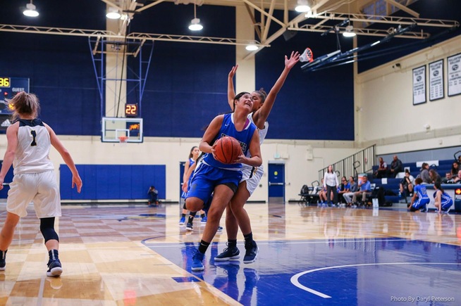 Serene Rendon scores two of her 24 points against Fullerton College