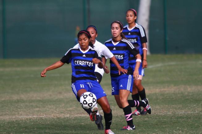 File Photo: Jazmin Aguas (11) assisted on the third Cerritos goal in a 4-1 win over Pasadena City.