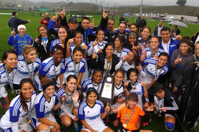 Cerritos College women's soccer team celebrates winning the State Championship and were named the NSCAA Division III National Champions.