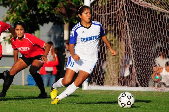 Jazmin Aguas (11) assisted on one of the three goals scored in the Falcons 3-0 win over Long Beach City.
