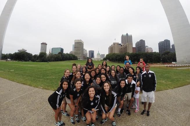 The Cerritos women's soccer team at the St. Louis Arch before their game in Illinois