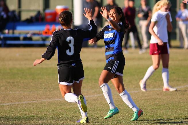 (L-R) Ashley Anaya-Webb (3) and Jazmin Aguas combined for three goals in the Falcons 5-1 playoff win over Mt. SAC