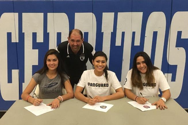 Three Falcon women's soccer players sign NLI with head coach Ruben Gonzalez