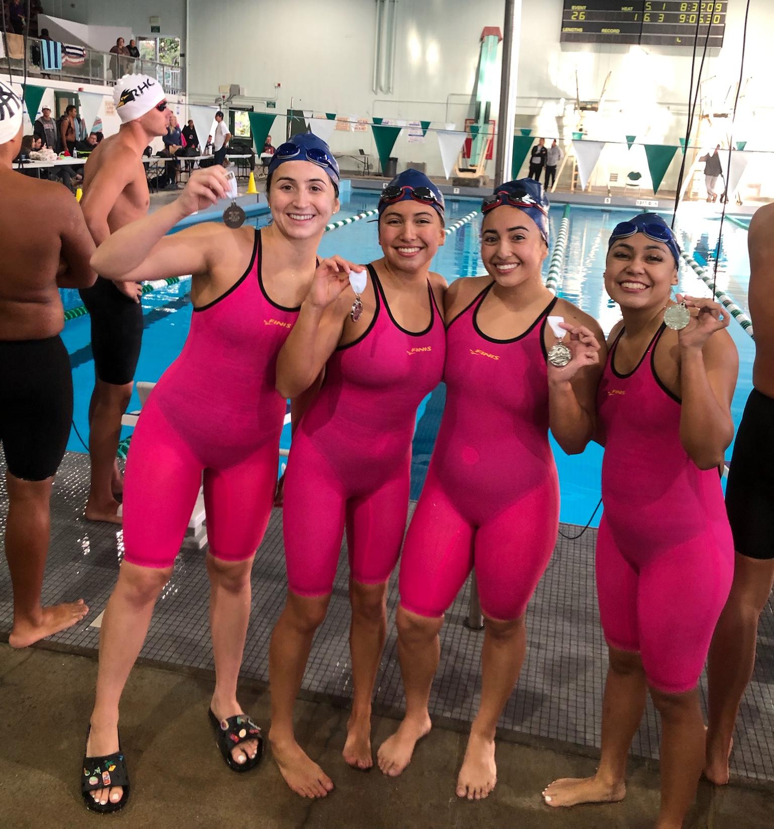 The 800-yard freestyle relay team of Isabella Berdote, Kaya Glynn, Angelina Romero and Karina Oliveros took third place at the SCC Championships.