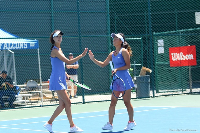 Kseniia Prokopchuk (left) teamed with Lisa Suzuki to win the state doubles title