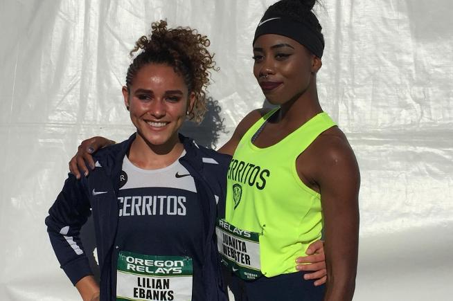 (L-R) Lilian Ebanks and Juanita Webster took first and second place in the long jump