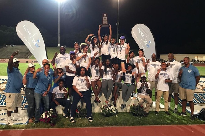 The Cerritos women's track and field team celebrates their third straight CCCAA State Championship