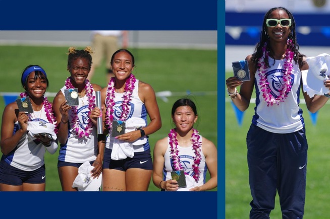 (L-R) - Kimora Rogers, Rionna Wallace, Aryianna Faircloth & Crystal Nguyen (4x100), along with Jazzmine Davis (Heptathlon) win state titles for the Falcons