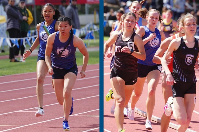 (L-R) Crystal Nguyen prepares to receive the baton, while Megan Feitz competes in a distance race