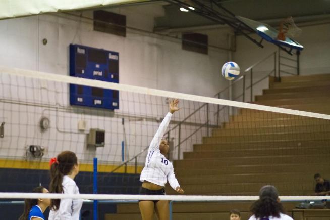 Latioa Peters (10) led the Falcons with 14 kills in their sweep of LA Trade-Tech.