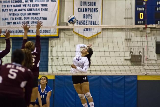 File Photo: Stephanie Ortiz (22) posted six kills and 10 digs in the Falcons four-set loss to Long Beach City.