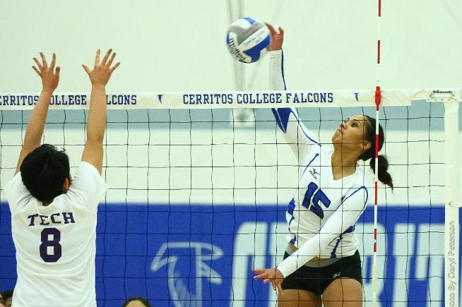 File Photo: Jasmynne Roberts (15) led the Falcons with 11 kills and added 10 digs in the team's win over East LA