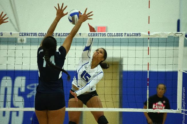 File Photo: Jasmynne Roberts (15) posted 17 kills in the Falcons five-set loss to Long Beach City