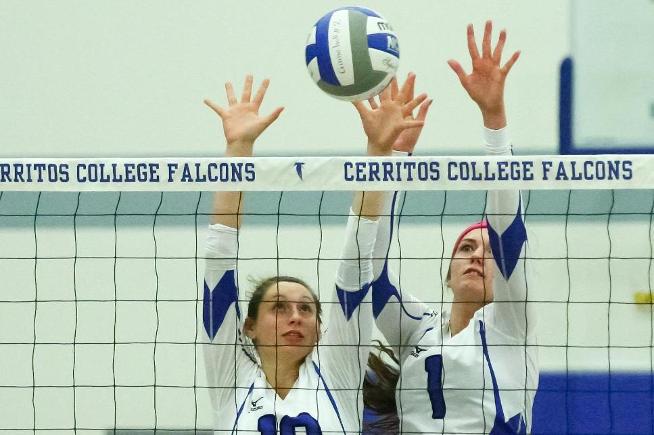 File Photo: The duo of Valerie Montoya (10) and Chelsea James (1) combined for 10 kills in the Falcons win over LA Harbor
