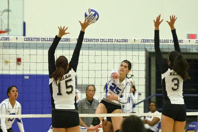 Amanda Payne (25) led the Falcons with 15 kills in their five-set win over East LA