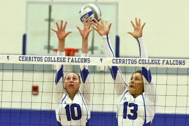 Valerie Montoya (10) and Brianna Gutierrez (13) combined for 15 kills and four blocks in the Falcons sweep of LA Harbor