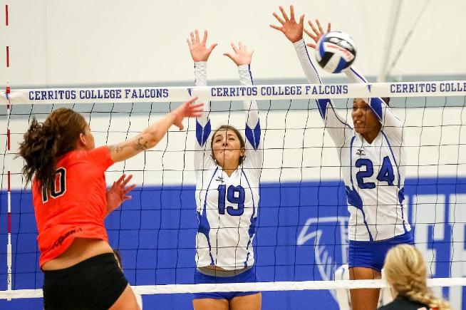 File Photo: Laura Bogarin (19) and Jasmin Mitchell (24) combined for five blocks in the Falcons win over LA Trade-Tech