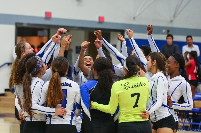 Falcon volleyball team celebrates after their five-set win over Long Beach City