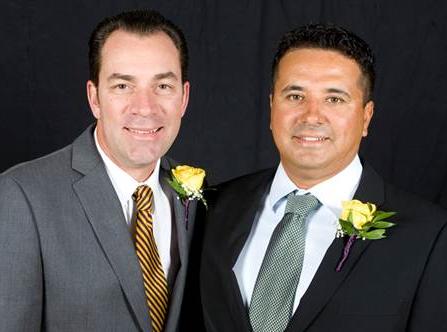 Sergio Macias (R) is joined by his Whittier College coach Mitch Carey (L) during his Hall of Fame Induction