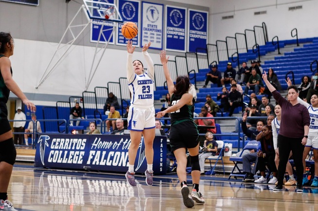 Brianna Flores drains one of her four three-pointers in the Falcons win