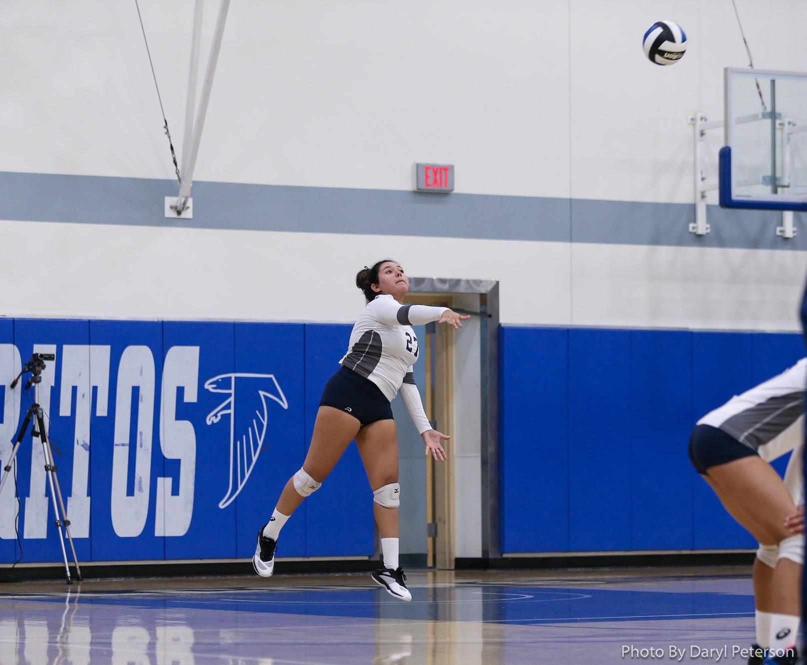 Marissa Reyna serves up one of her four aces in the Falcons win over Santa Ana