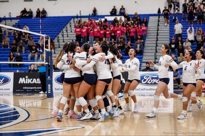 Falcons celebrate after their five-set win over East Los Angeles
